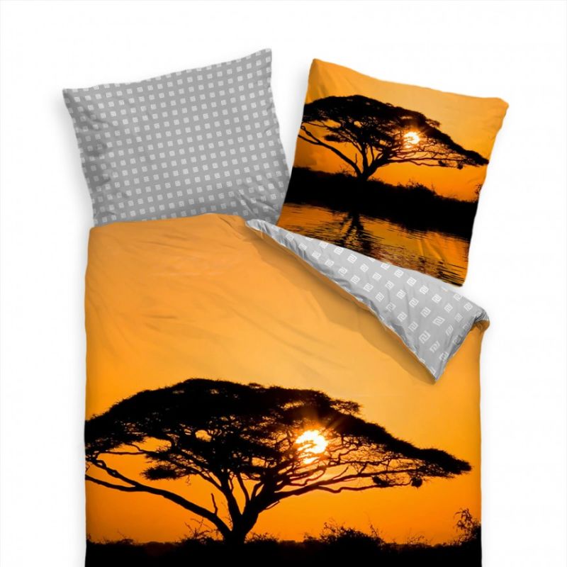 Afrika Sonnenuntergang Baum See Orange Bettwäsche Set 135×200 cm + 80x80cm  Atmungsaktiv