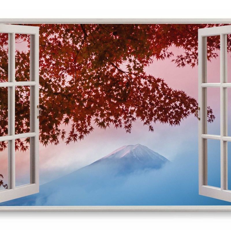 Wandbild 120x80cm Fensterbild Fuji Vulkan Japan Blau Berg Schneegipfel Herbstblätter