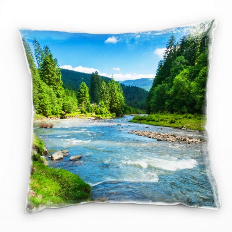 Landschaft, grün, blau, Nadelbäume am Fluss, Sommer Deko Kissen 40x40cm für Couch Sofa Lounge Zierki