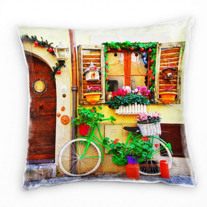 Urban, Fahrrad, Blumen, buntes Haus, bunt Deko Kissen 40x40cm für Couch Sofa Lounge Zierkissen