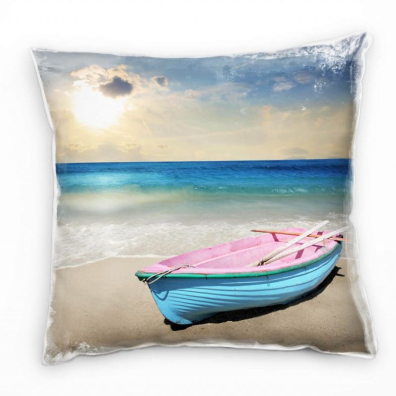 Strand und Meer, blau, braun, rosa Boot am Strand Deko Kissen 40x40cm für Couch Sofa Lounge Zierkiss