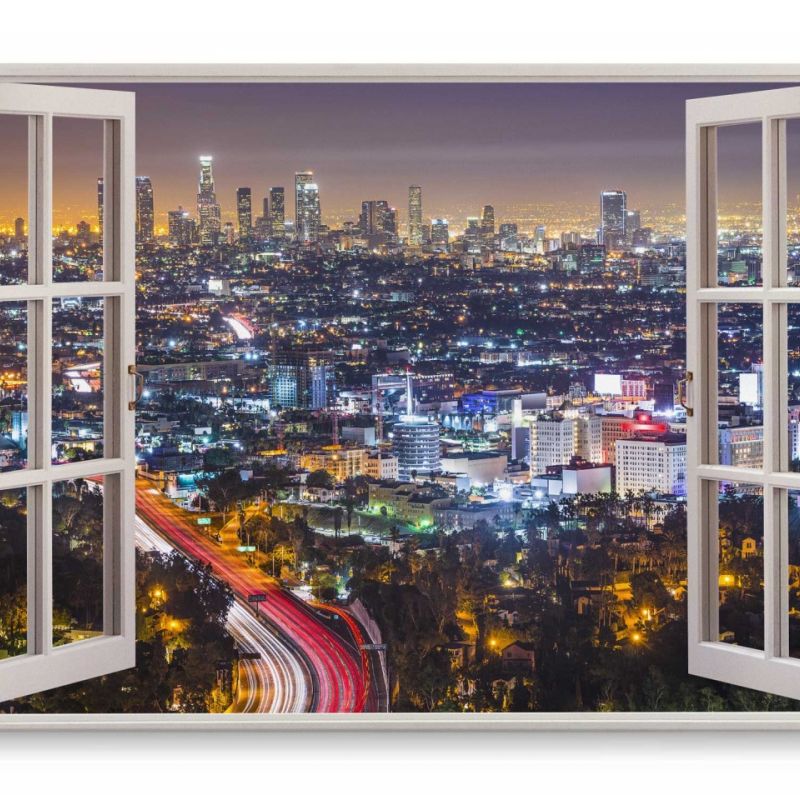 Wandbild 120x80cm Fensterbild Los Angeles bei Nacht Luftaufnahme Stadtlichter