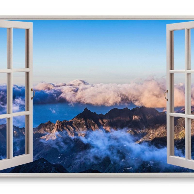 Wandbild 120x80cm Fensterbild Gebirge über den Wolken Sonnenuntergang Berggipfel