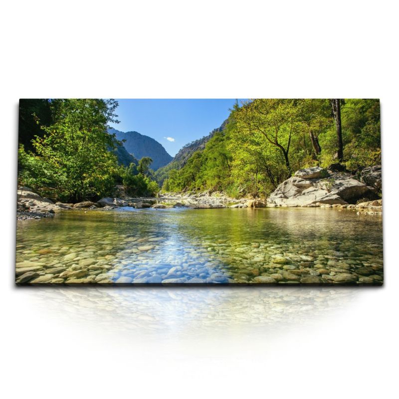 Kunstdruck Bilder 120x60cm Bergfluss Fluss Natur Steine Berge Sommer