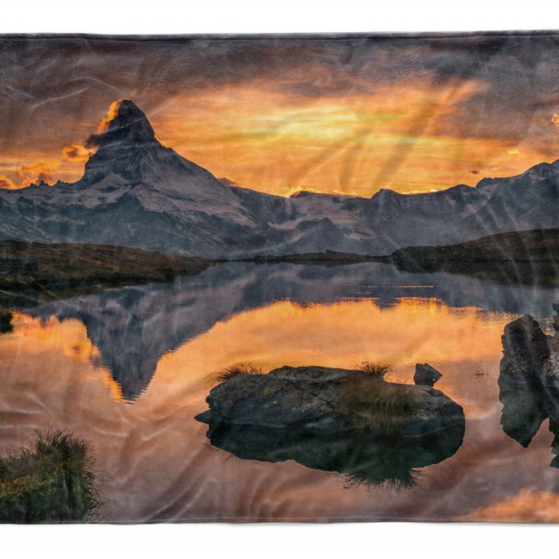 Handtuch Strandhandtuch Saunatuch Kuscheldecke mit Fotomotiv Bergsee Berge Abendröte