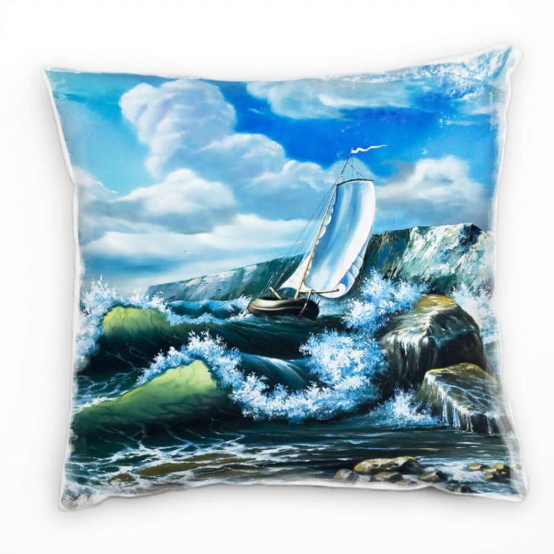 Meer, blau, weiß, gemalt, Segelboot in der Brandung Deko Kissen 40x40cm für Couch Sofa Lounge Zierki