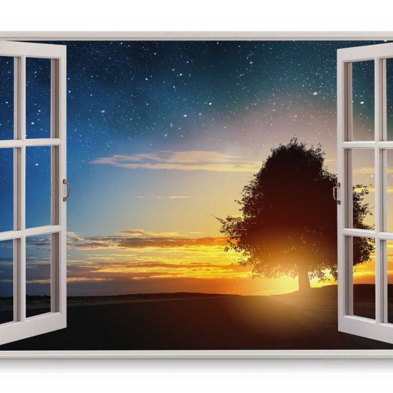 Wandbild 120x80cm Fensterbild Nachthimmel Sterne Baum Natur Sonnenuntergang