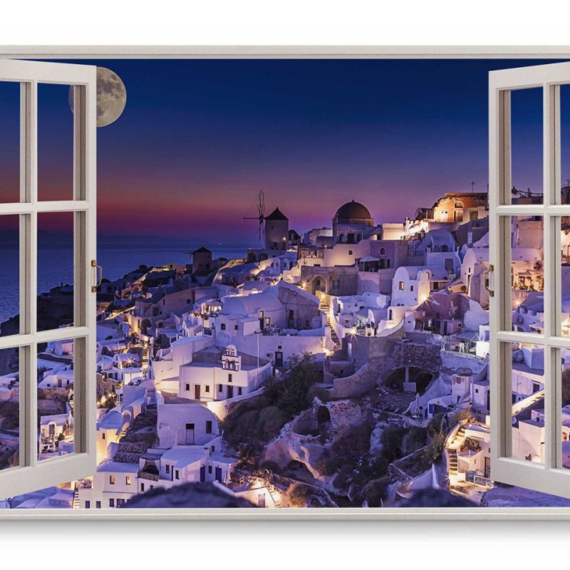 Wandbild 120x80cm Fensterbild Griechenland Santorini Vollmond Nacht Meer