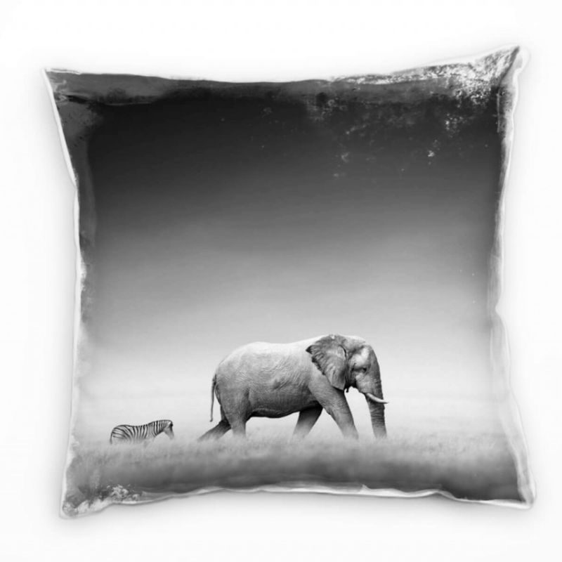 Tiere, schwarz, weiß, Elefant und Zebra Deko Kissen 40x40cm für Couch Sofa Lounge Zierkissen