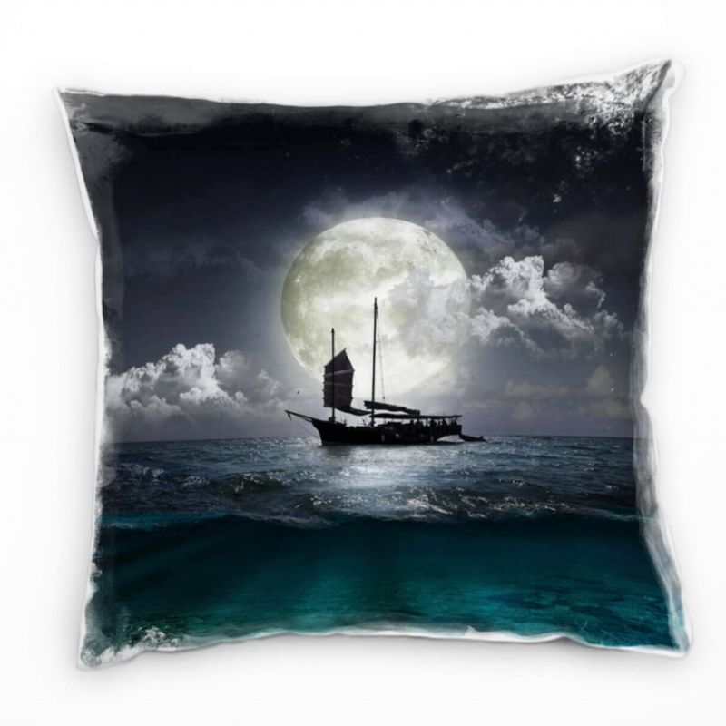 Meer, Abstrakt, schwarz, weiß, türkis, Piratenschiff, Mond Deko Kissen 40x40cm für Couch Sofa Lounge