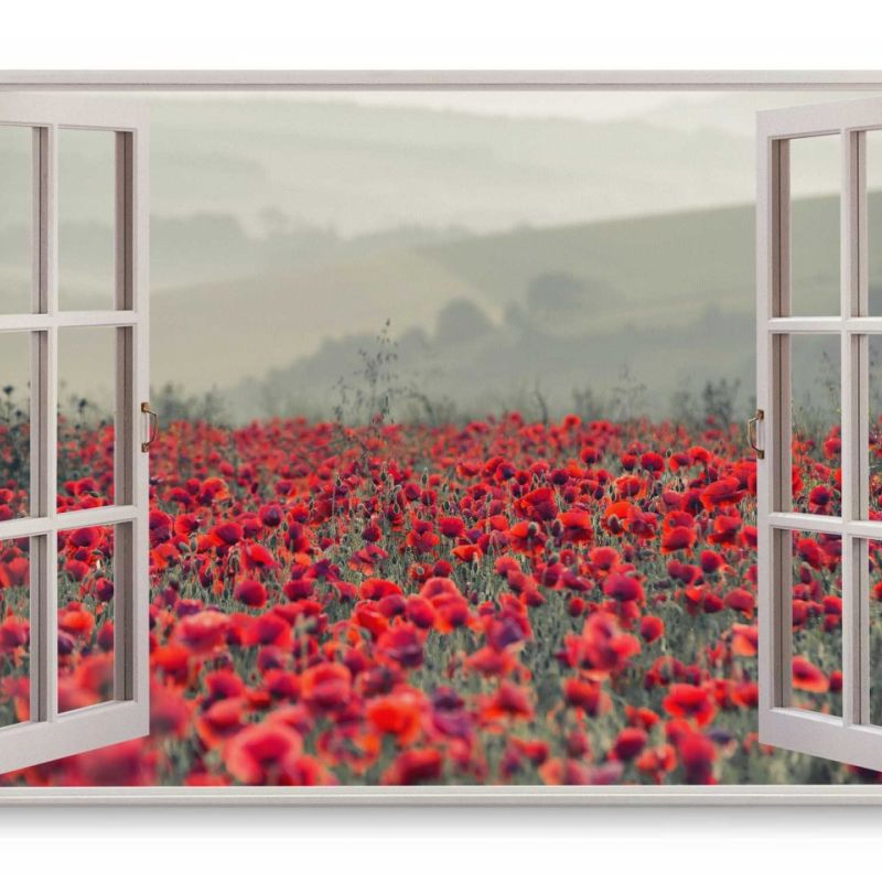 Wandbild 120x80cm Fensterbild Blumenfeld Mohnblumen rote Blumen Natur Wildblumen