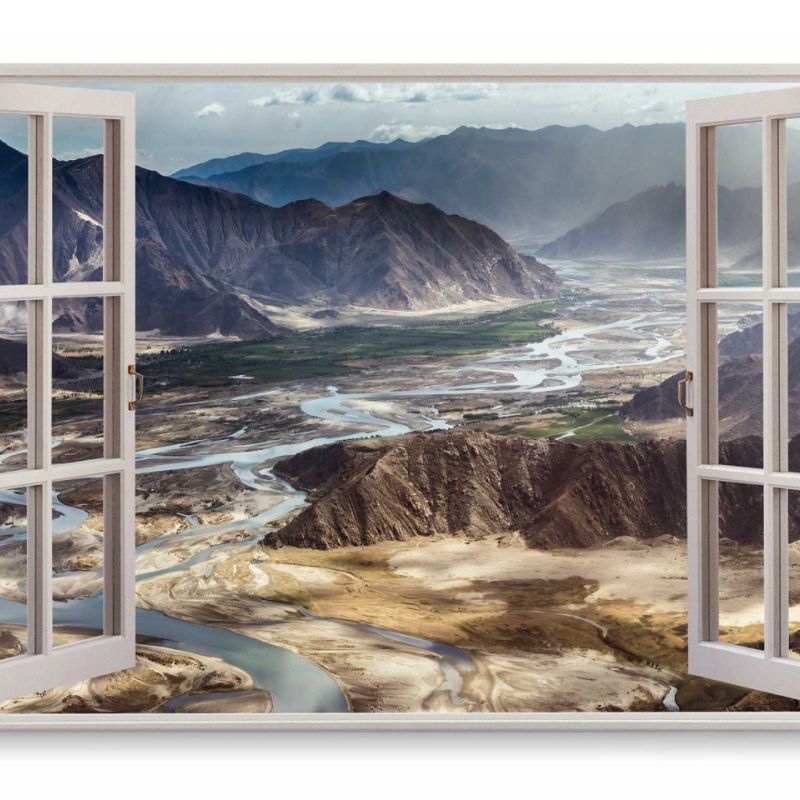 Wandbild 120x80cm Fensterbild Berge Gebirge Natur Fluss Sonnenstrahlen Tal