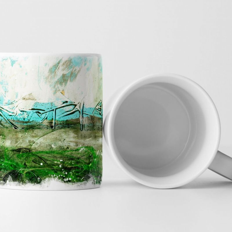 Tasse Geschenk waldgrün, cyan, dunkel-khaki, weiße Abstraktion