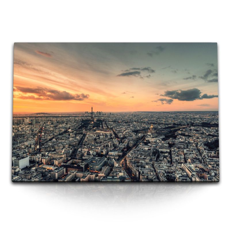 120x80cm Wandbild auf Leinwand Paris aus der Luft Eiffelturm Frankreich Horizont Abendröte