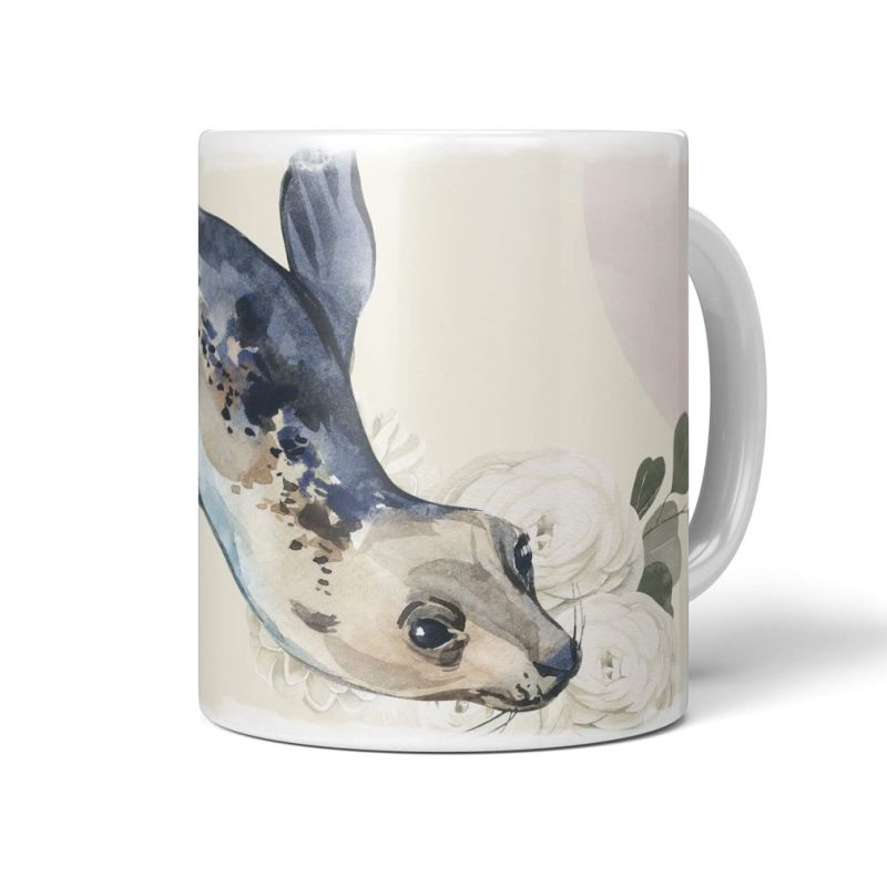 Dekorative Tasse mit schönem Motiv Robbe Seehund Blumen Blüten Kunstvoll Pastelltöne