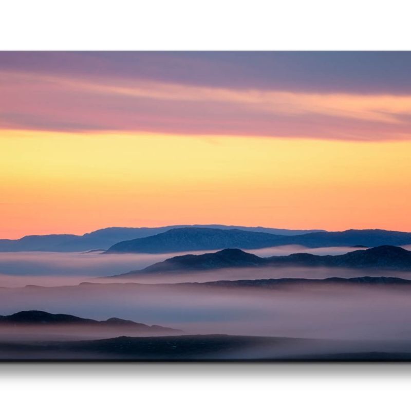 Leinwandbild 120x60cm Berge Himmel Horizont Abendröte Nebel Stille