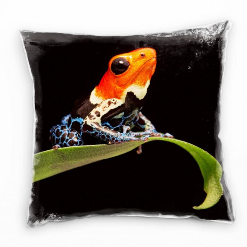 Tiere, Frosch auf einem Blatt, grün, orange, blau Deko Kissen 40x40cm für Couch Sofa Lounge Zierkiss