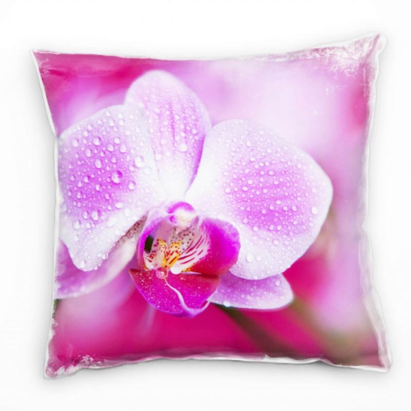 Blumen, Macro, pink, lila, Orchidee mit Tautropfen Deko Kissen 40x40cm für Couch Sofa Lounge Zierkis