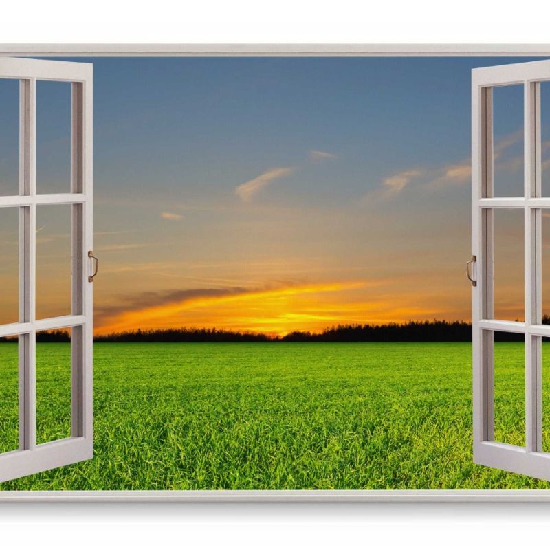 Wandbild 120x80cm Fensterbild Landschaft Natur Sonnenuntergang Abendrot Feld