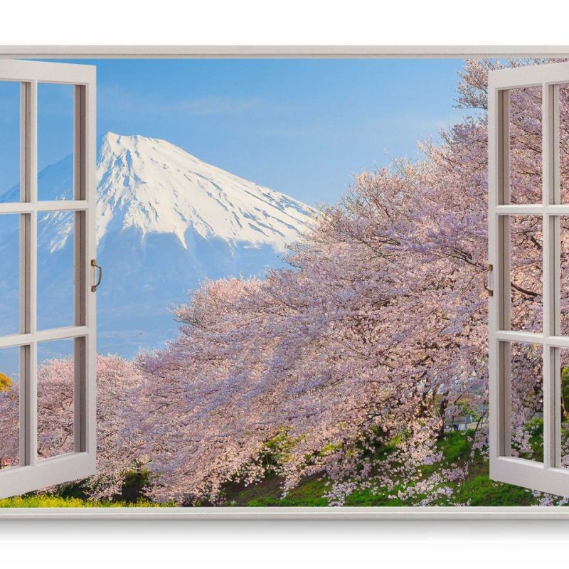 Wandbild 120x80cm Fensterbild Vulkan Fuji Japan Blau Schneegipfel Kirschblüte