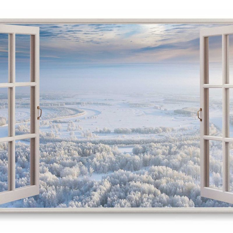 Wandbild 120x80cm Fensterbild Winterlandschaft Horizont Schnee Weiß Wald Natur