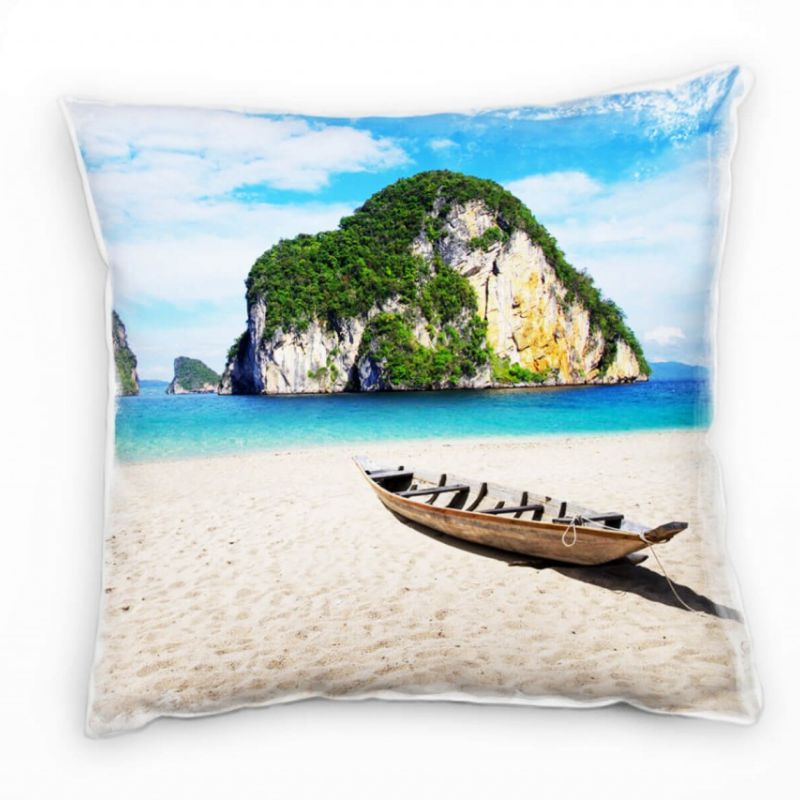 Strand und Meer, beige, türkis, Boot, Felsen Thailand  Deko Kissen 40x40cm für Couch Sofa Lounge Zie