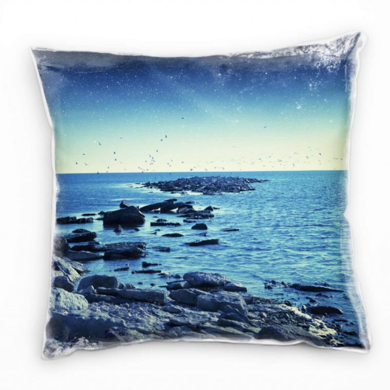 Strand und Meer, Möwen, Sterne, grau, blau Deko Kissen 40x40cm für Couch Sofa Lounge Zierkissen