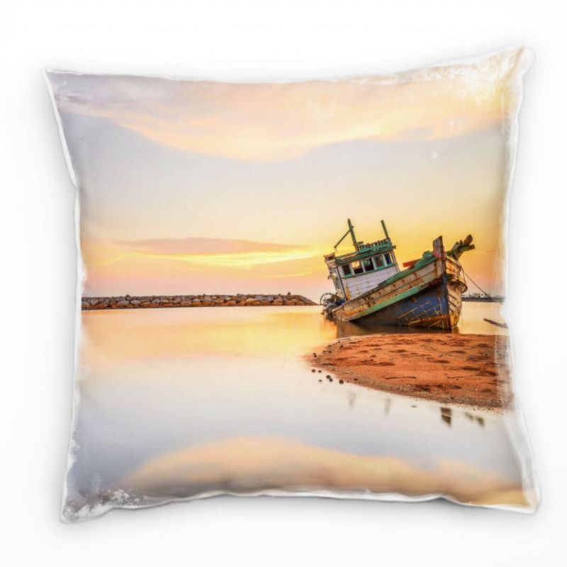 Strand und Meer, Sonnenuntergang, Boot, orange Deko Kissen 40x40cm für Couch Sofa Lounge Zierkissen