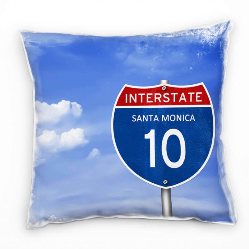 Urban, Straßenschild, Santa Monica, blau, rot Deko Kissen 40x40cm für Couch Sofa Lounge Zierkissen