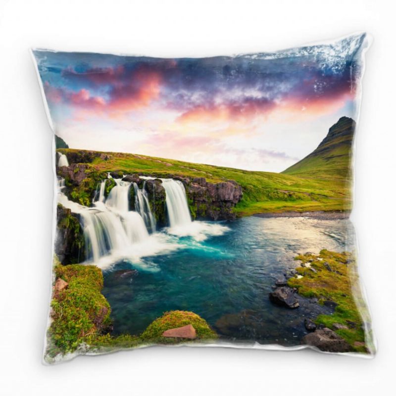 Natur, Wasserfall, Island, Hügel, blau, grün, orange Deko Kissen 40x40cm für Couch Sofa Lounge Zierk