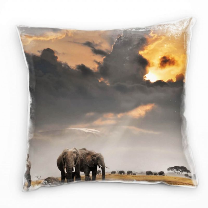 Tiere, orange, grau, Elefanten, Sonnenuntergang Deko Kissen 40x40cm für Couch Sofa Lounge Zierkissen