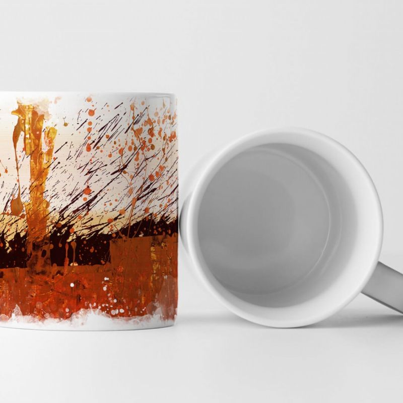 Tasse Geschenk antik-weiße Grundierung; schwarz, orange Farbspritzer