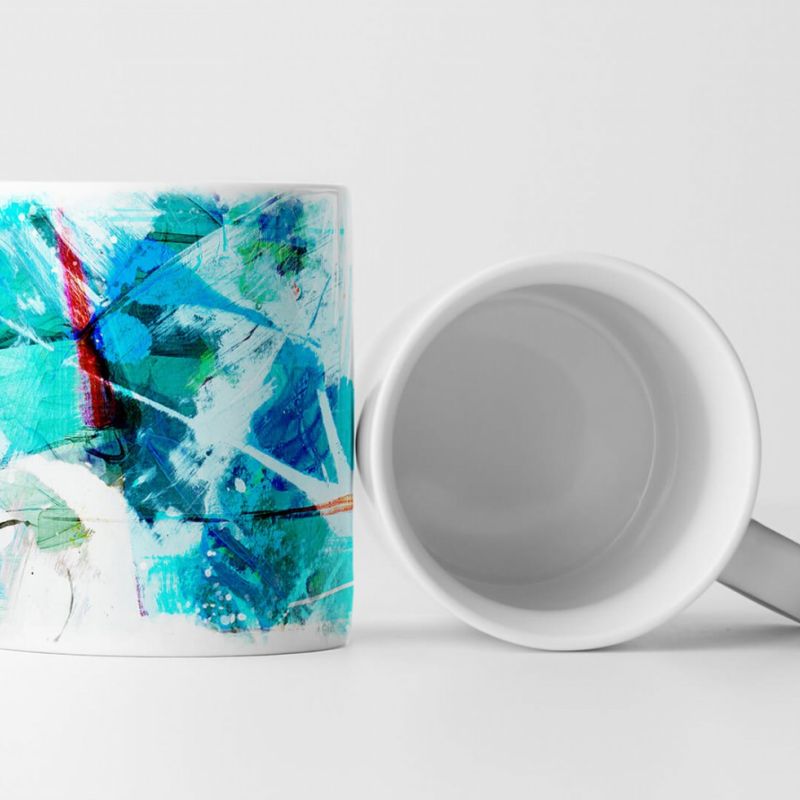 Tasse Geschenk cyan, weiß, dunkelblaue Abstraktion; rot, orange Elemente