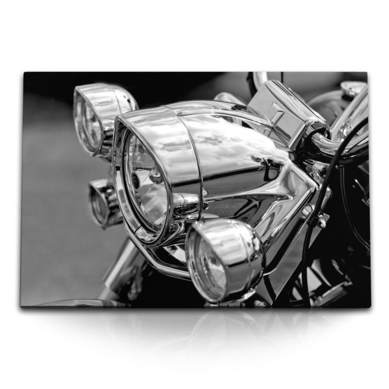 120x80cm Wandbild auf Leinwand Schwarz Weiß klassisches Motorrad Motorradscheinwerfer