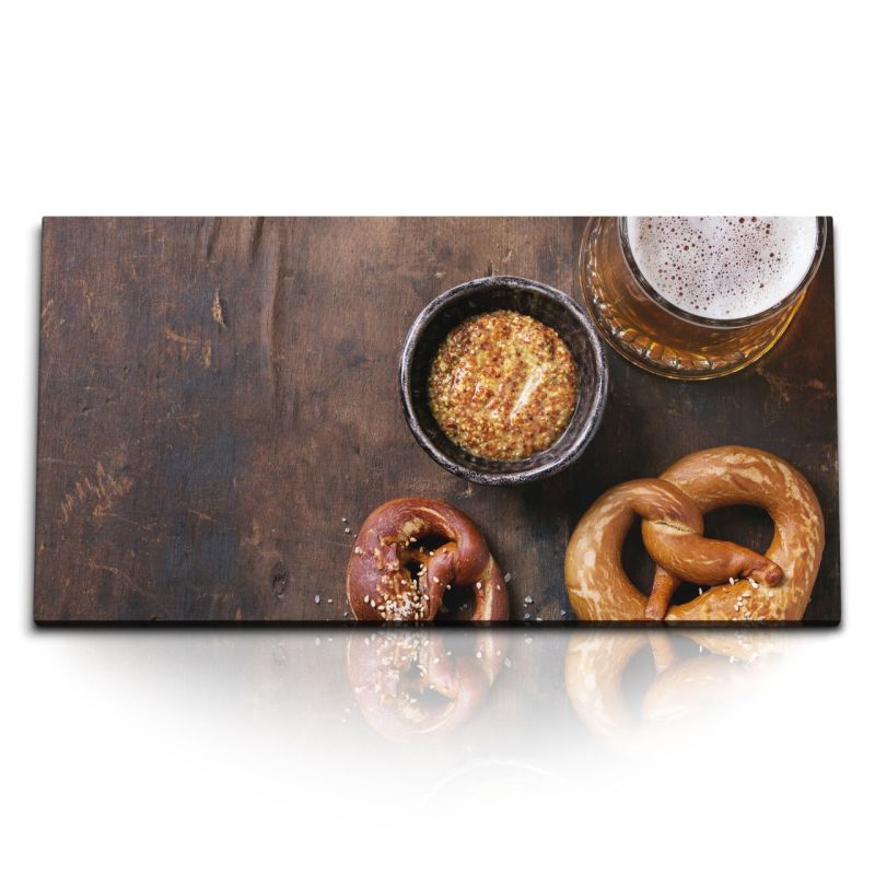 Kunstdruck Bilder 120x60cm Bier Brezel Bayern Küchenbild Barbild Gastronomie