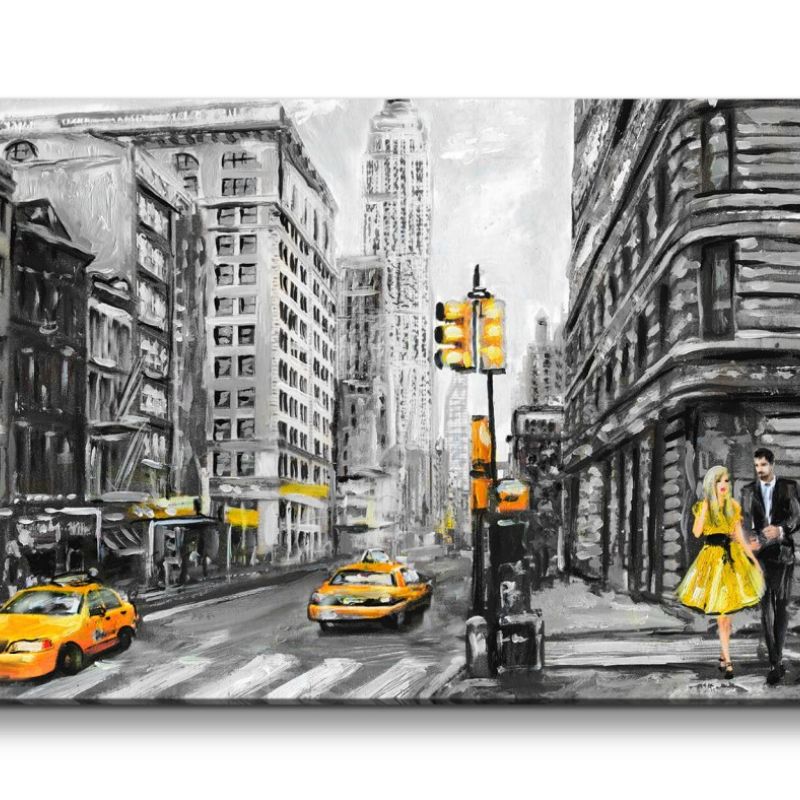 Leinwandbild 120x60cm New York Liebespärchen gelbe Taxis Malerisch Kunstvoll