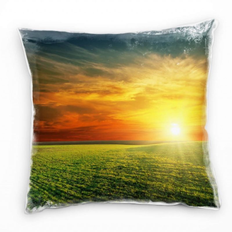 Landschaft, rot, grün, blau, Sonnenuntergang, Wiese Deko Kissen 40x40cm für Couch Sofa Lounge Zierki