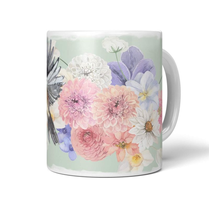 Dekorative Tasse mit schönem Vogel Motiv Sperling Blumen Blüten Frühling Traumhaft Pastelltöne