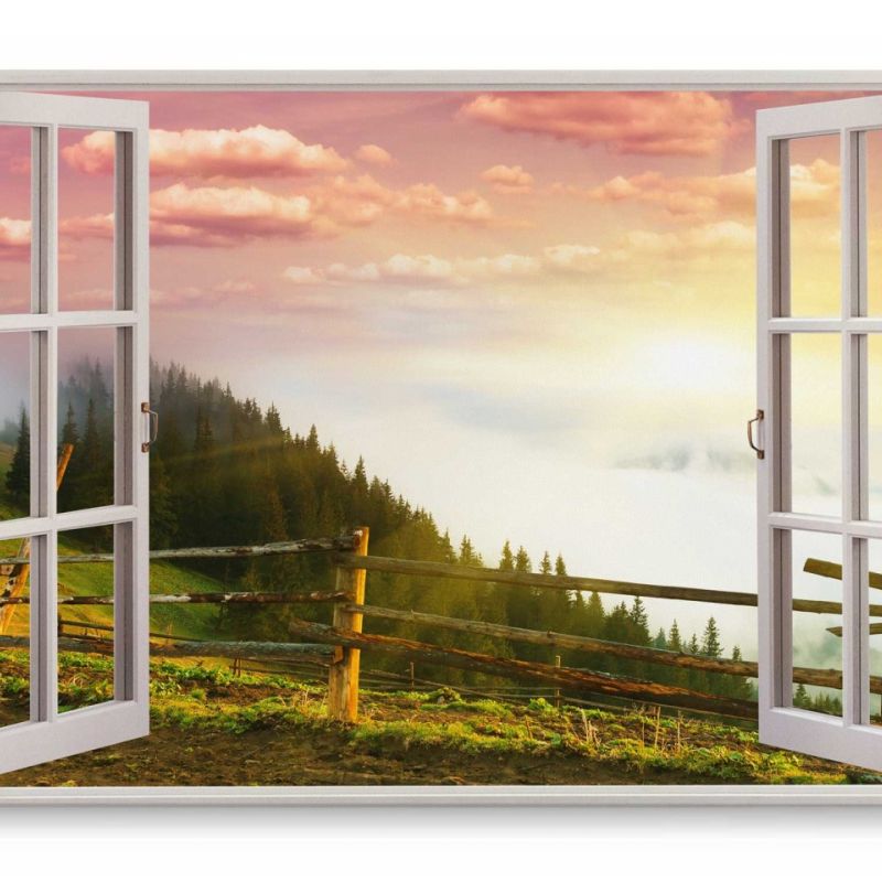 Wandbild 120x80cm Fensterbild Alpen Wiese Holzzaun Natur Sonnenuntergang