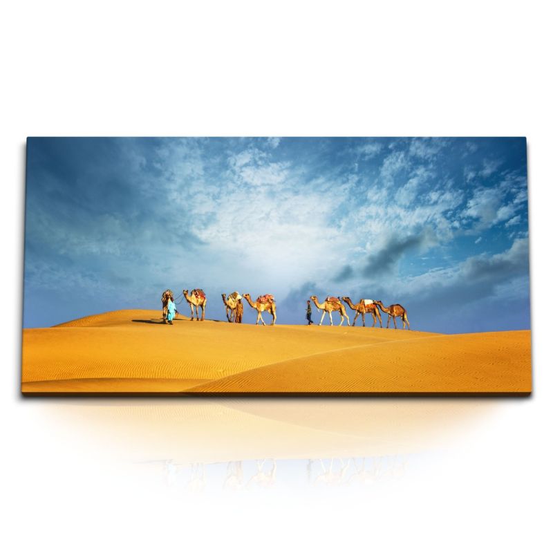 Kunstdruck Bilder 120x60cm Wüste Kamelle roter Sand blauer Himmel Sahara