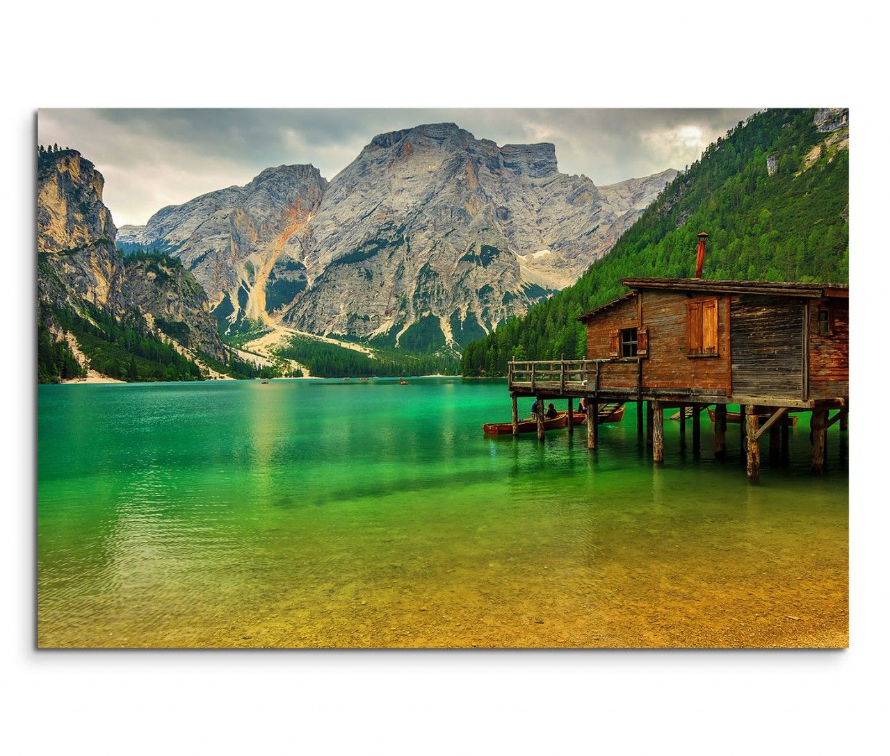 120x80cm Wandbild Italien Südtirol Dolomiten Berge Bergsee Holzhaus