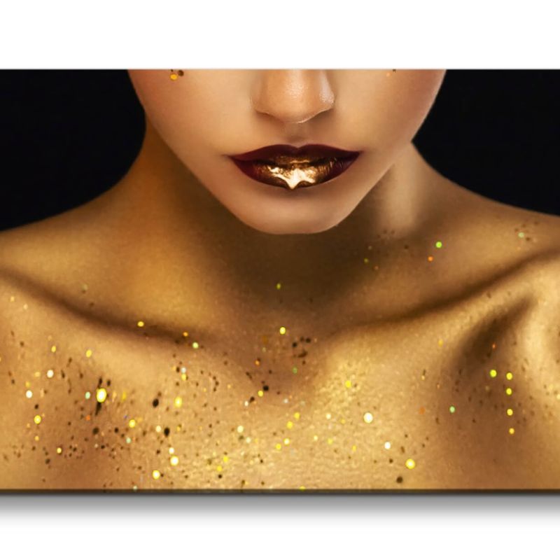 Leinwandbild 120x60cm Schönheit Model junge Frau Glitzer Make-Up Gold Kunstvoll