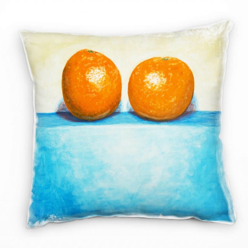 Natur, orange, blau, gemalt, zwei Orangen Deko Kissen 40x40cm für Couch Sofa Lounge Zierkissen