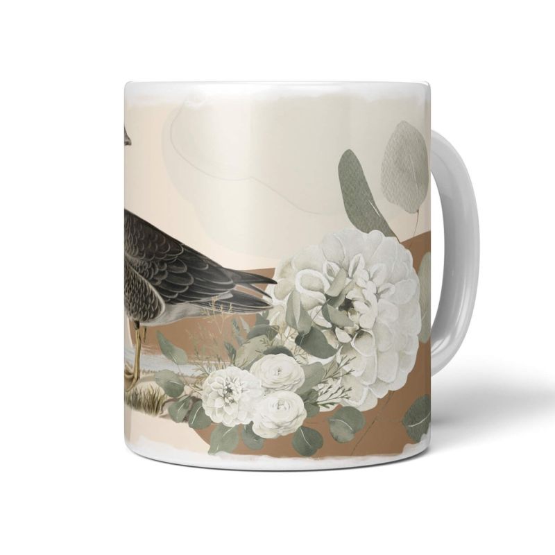 Dekorative Tasse mit schönem Vogel Motiv Ente Blumen Blüten Erdfarben Kunstvoll