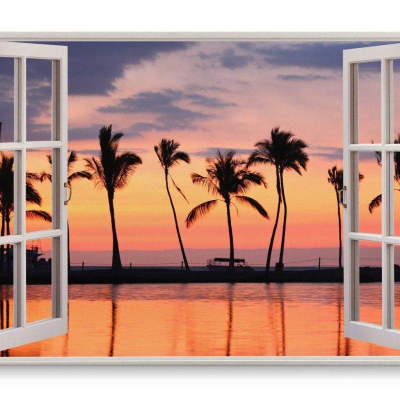 Wandbild 120x80cm Fensterbild Palmen Meer Abendrot Horizont Südsee