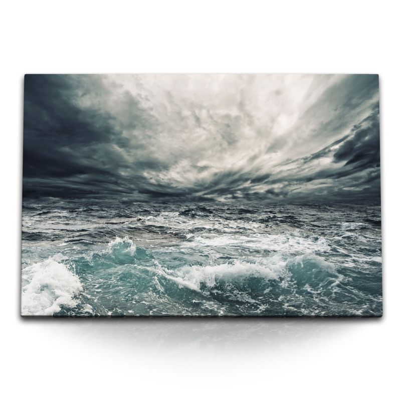 120x80cm Wandbild auf Leinwand Raue See Meer Ozean Wolken Sturm Grau