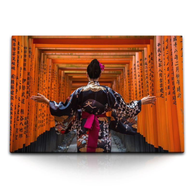 120x80cm Wandbild auf Leinwand Japan Schrein Tempel Rot Geisha Kimono