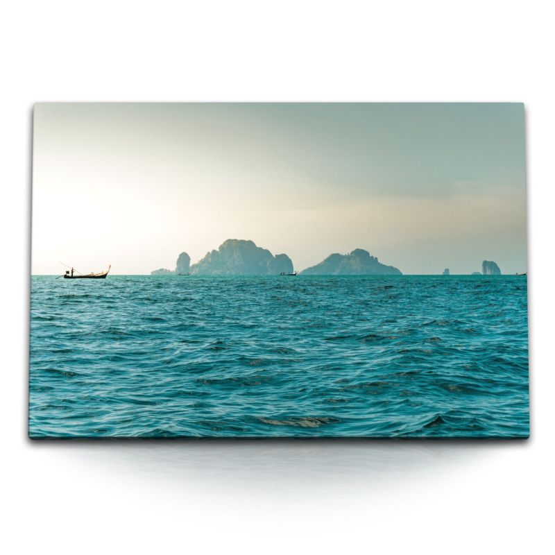 120x80cm Wandbild auf Leinwand Thailand Meer Ozean Inseln Fischerboot Horizont