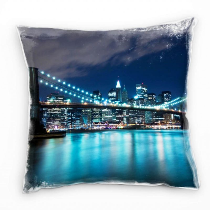 Urban und City, blau, türkis, orange, New York, Nacht Deko Kissen 40x40cm für Couch Sofa Lounge Zier