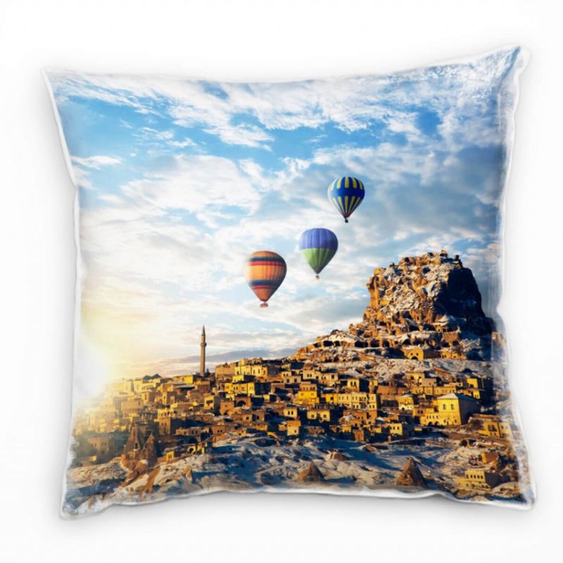 City, braun, blau, Heißluftballons, Sonnenaufgang Deko Kissen 40x40cm für Couch Sofa Lounge Zierkiss